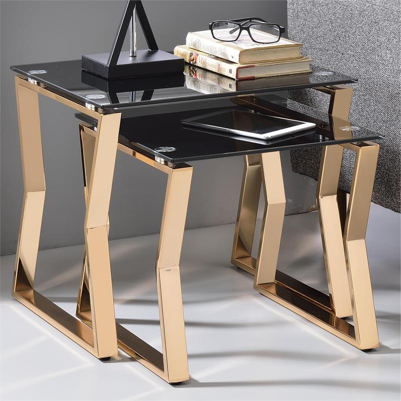 Furniture of America Abair 2Piece Glass Top Nesting Table in Gold