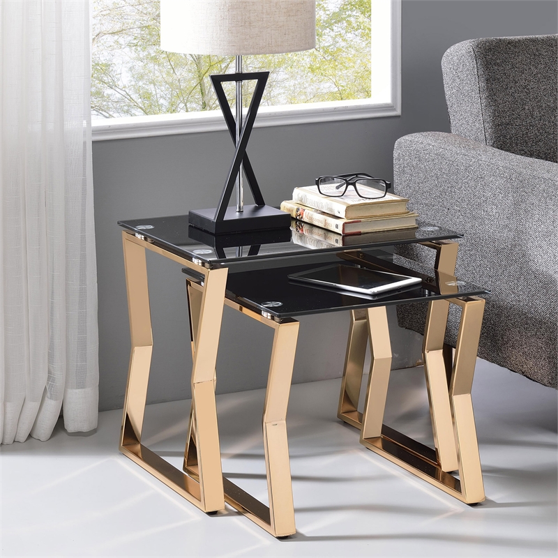 Furniture of America Abair 2-Piece Glass Top Nesting Table in Gold