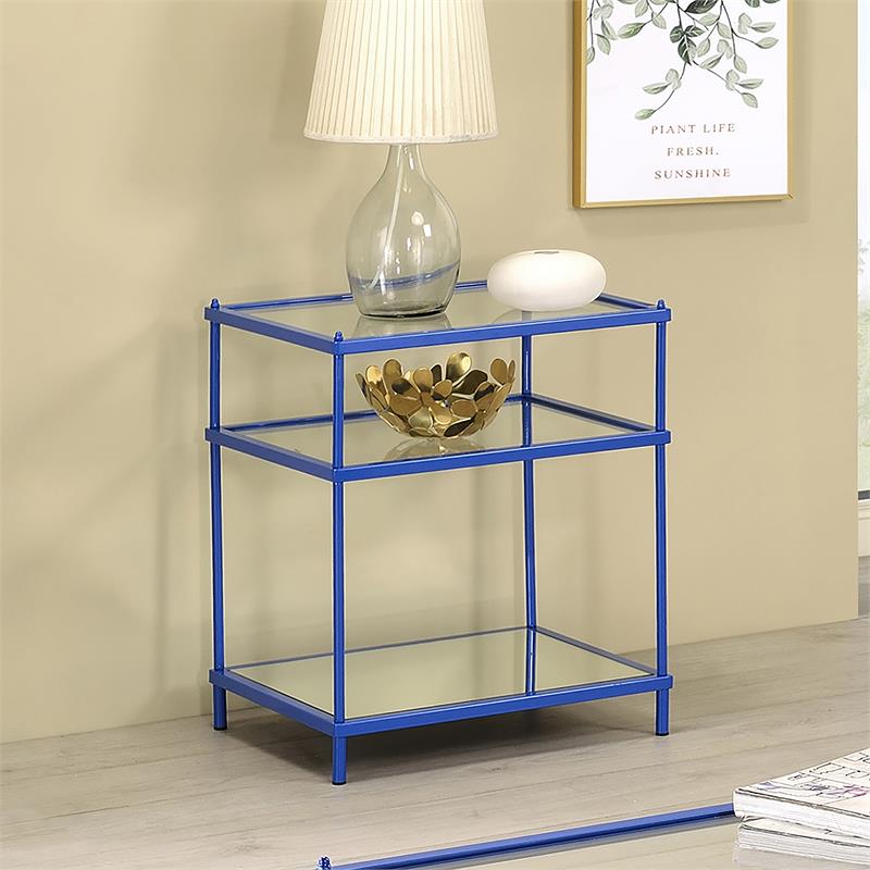 Furniture of America Mendry Glass Top 2-Shelf Side Table in Blue