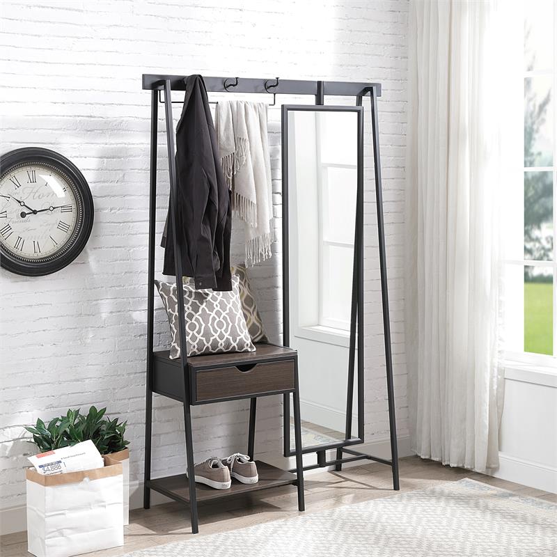 Furniture of America Loeff Metal Coat Stand with Mirror in Matte Black