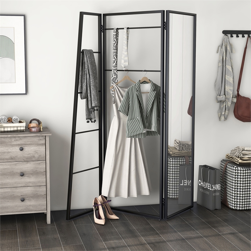 Furniture of America Andora Industrial Metal Coat Stand with Mirror in Black
