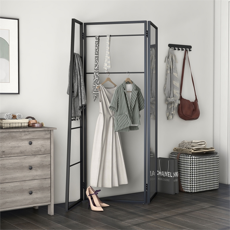 Furniture of America Andora Industrial Metal Coat Stand with Mirror in Black