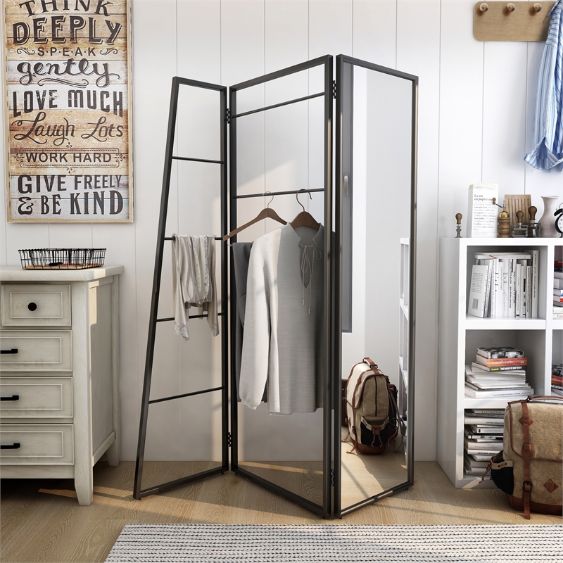 Furniture of America Andora Industrial Metal Coat Stand with Mirror in Black