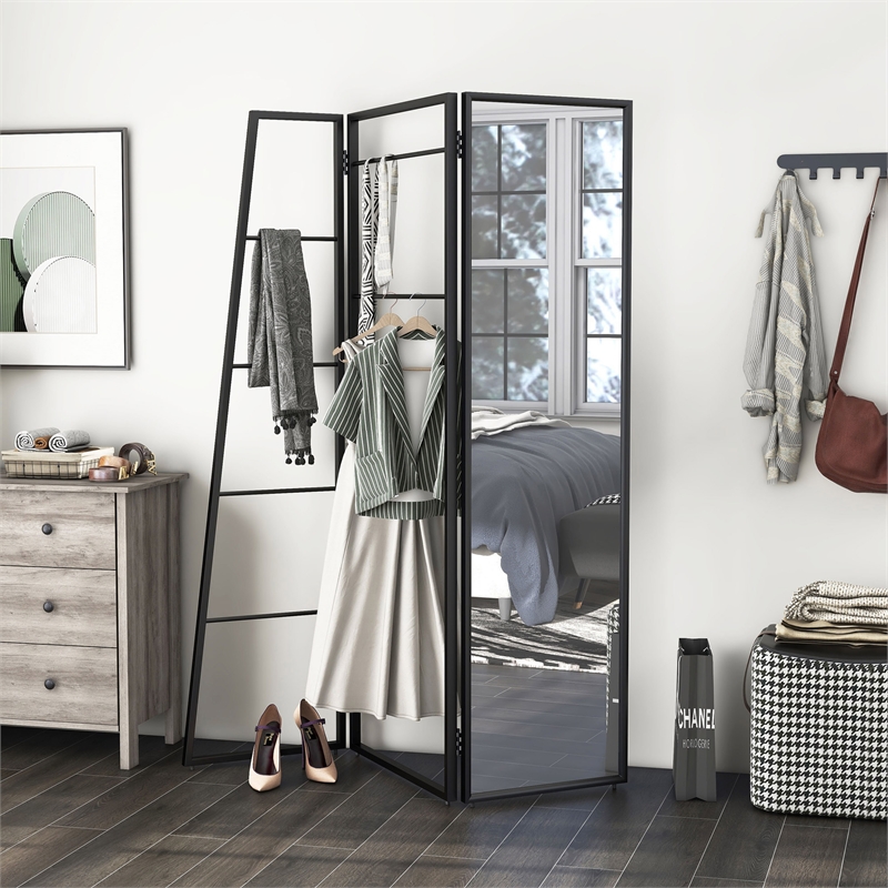 Furniture of America Andora Industrial Metal Coat Stand with Mirror in Black