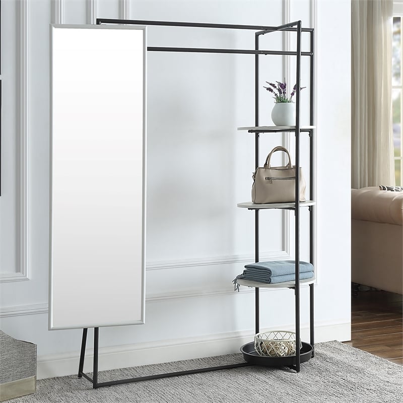 Furniture of America Jovie Industrial Metal Coat Stand with Mirror in White