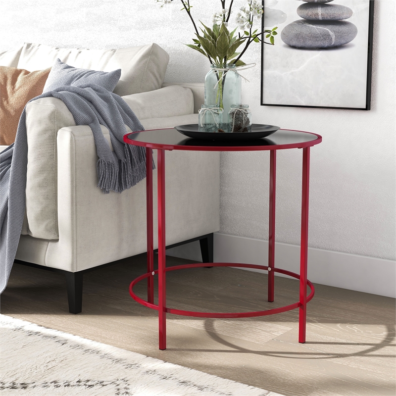 Furniture of America Keefer Contemporary Glass Top Side Table in Red