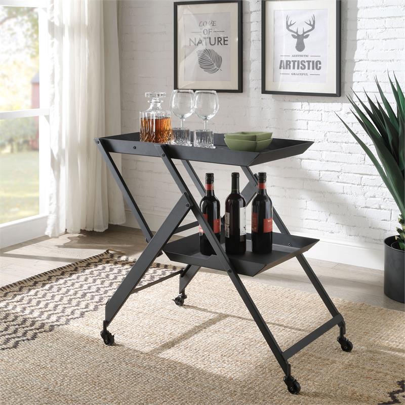 Furniture of America Prescotty Contemporary Metal Foldable Serving Cart in Black