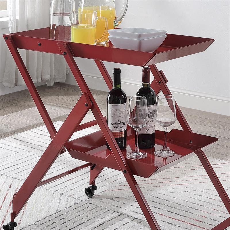 Furniture of America Prescotty Contemporary Metal Foldable Serving Cart in Red