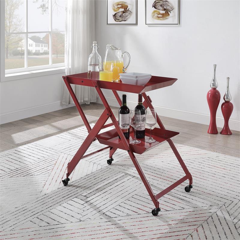 Furniture of America Prescotty Contemporary Metal Foldable Serving Cart in Red