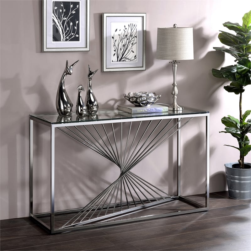 Furniture of America Jonnah Contemporary Glass Top Console Table in Chrome
