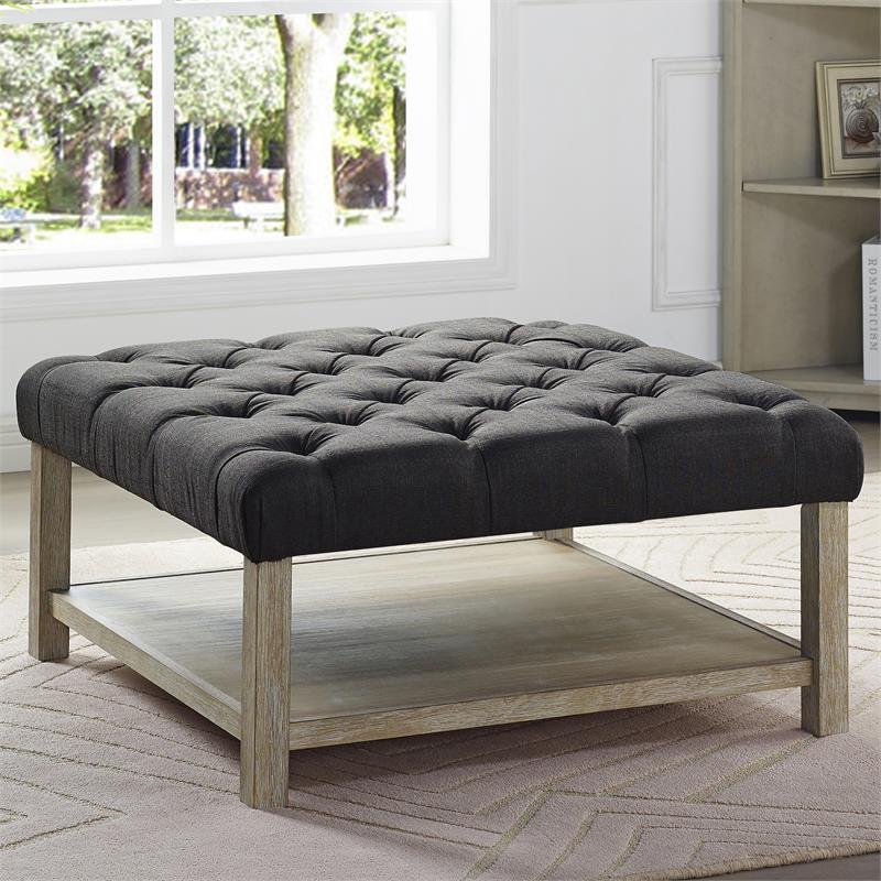 Furniture of America Hoylton Wood Tufted Ottoman in Natural Tone and Dark Gray