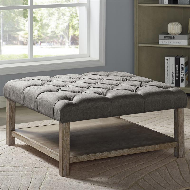 Furniture of America Hoylton Wood Tufted Ottoman in Natural Tone and Light Gray