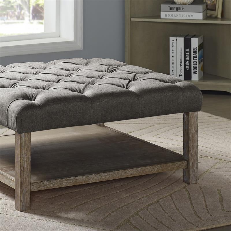 Furniture of America Hoylton Wood Tufted Ottoman in Natural Tone and Light Gray