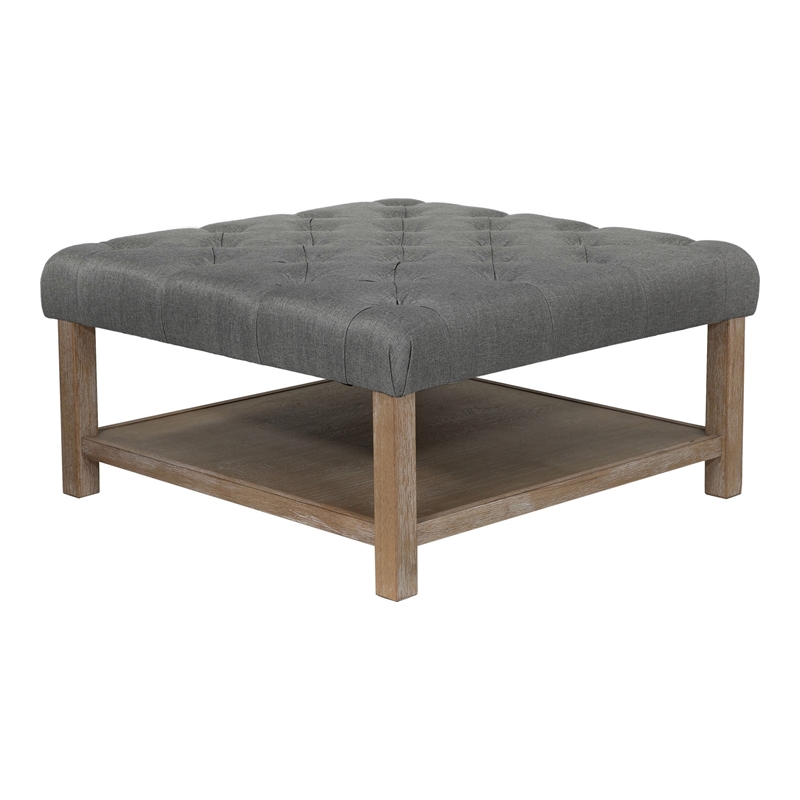 Furniture of America Hoylton Wood Tufted Ottoman in Natural Tone and Light Gray