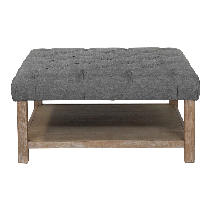 Furniture of America Hoylton Wood Tufted Ottoman in Natural Tone and Light Gray