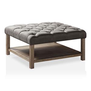 Furniture of America Hoylton Wood Tufted Ottoman in Natural Tone and Light Gray