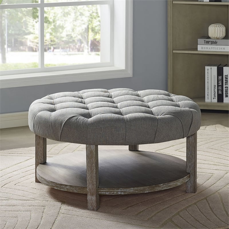 Furniture of America Shoreditch Wood Ottoman in Natural Tone and Light Gray