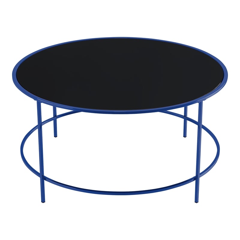 Furniture of America Rockbel Contemporary Glass Top Round Coffee Table in Blue