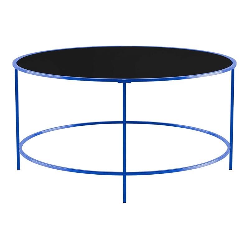 Furniture of America Rockbel Contemporary Glass Top Round Coffee Table in Blue