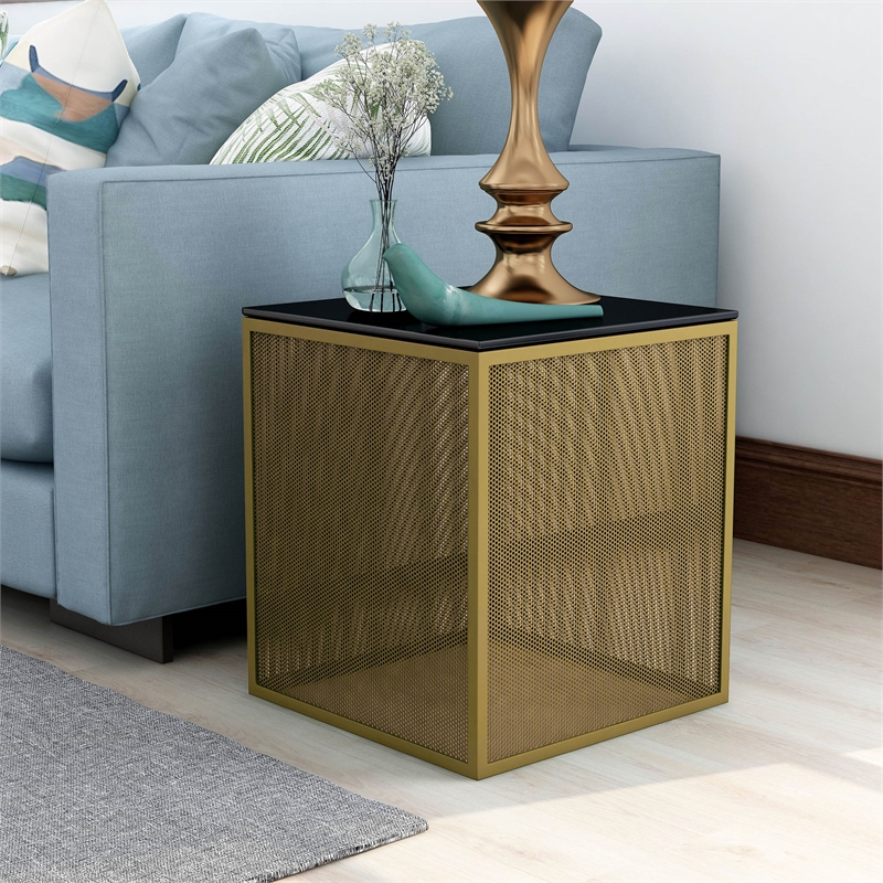 Furniture of America Kelforia Contemporary Glass Top Side Table in Gold