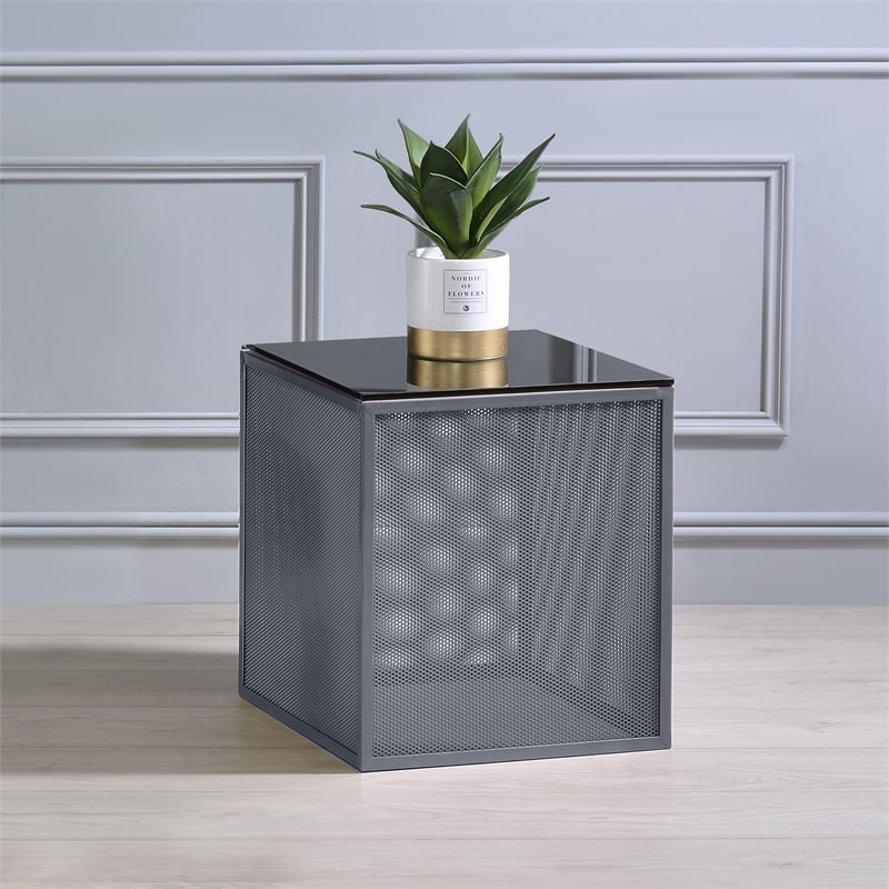 Furniture of America Kelforia Contemporary Glass Top Side Table in Gray