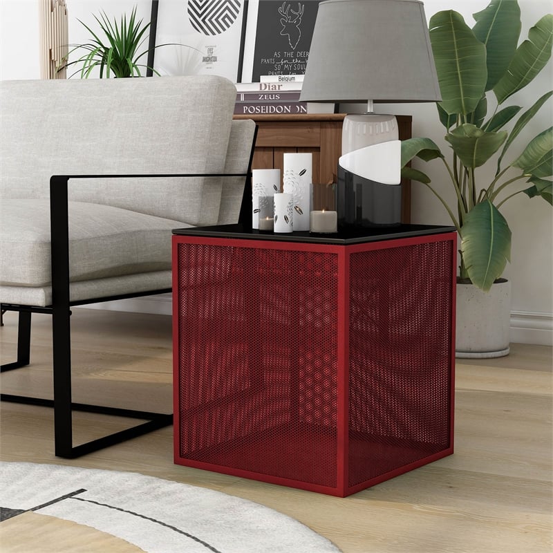 Furniture of America Kelforia Contemporary Glass Top Side Table in Red