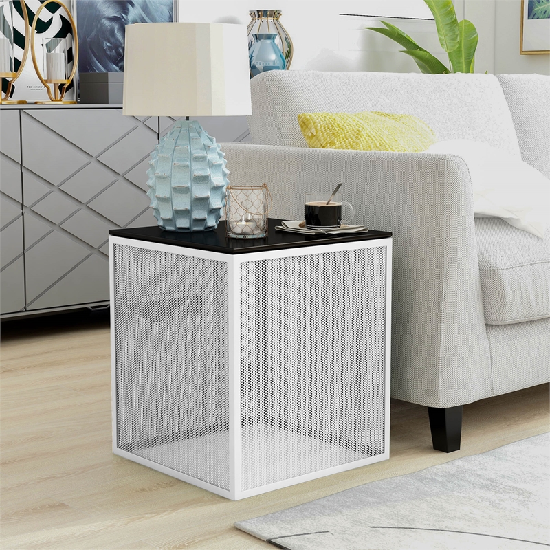 Furniture of America Kelforia Contemporary Glass Top Side Table in White