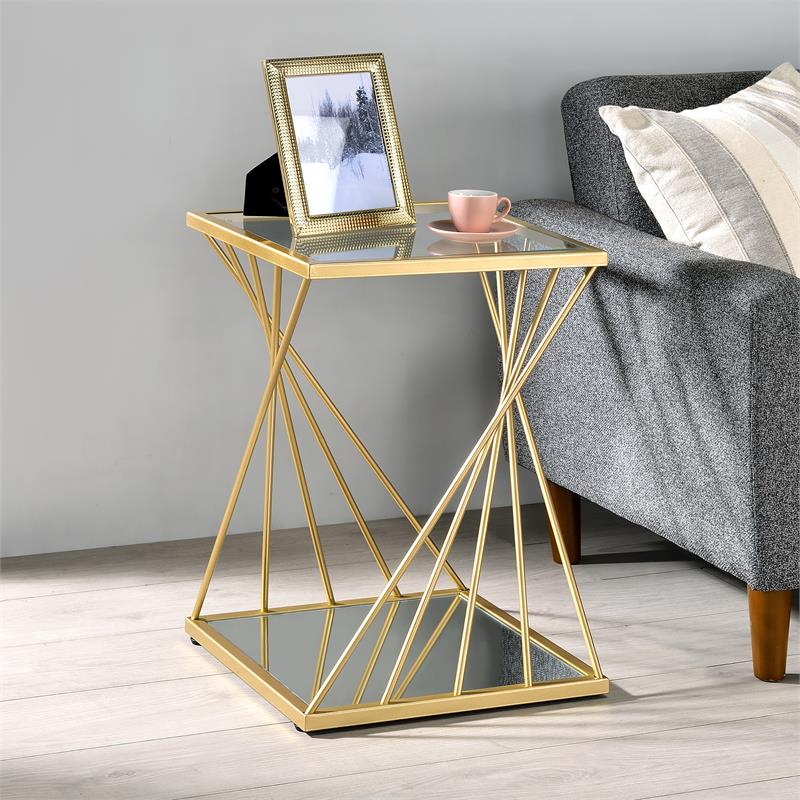Furniture of America Abair Contemporary Glass Top Side Table in Gold