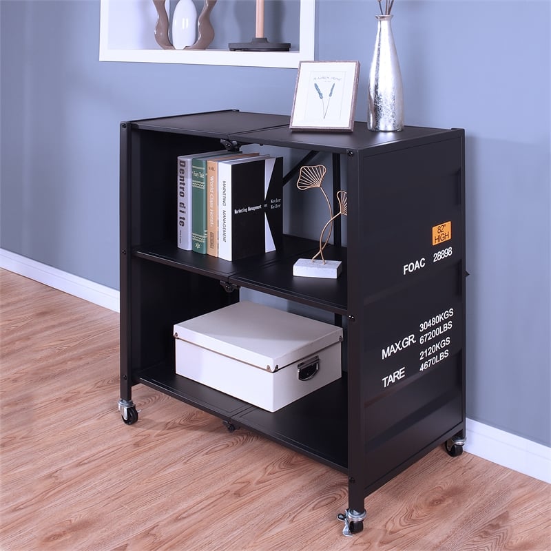 Furniture of America Lionna Metal Folding Bookcase with Wheels in Black
