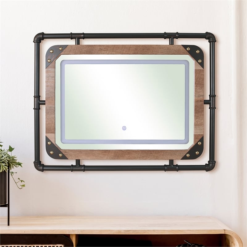 Furniture of America Karin Metal Wall Mirror with LED Light in Brown