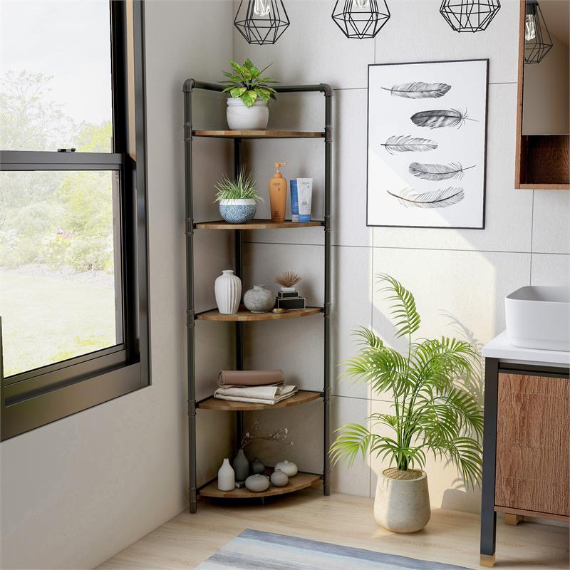 Furniture of America Harkey Industrial Wood 5-Tier Corner Bookcase in Sand Black