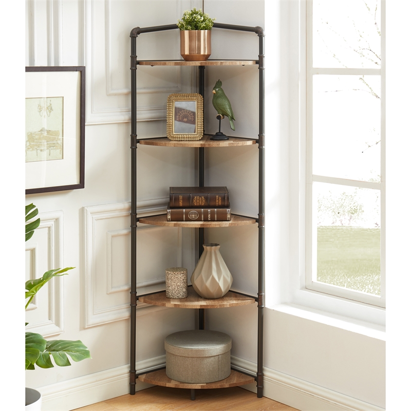 Furniture of America Harkey Industrial Wood 5-Tier Corner Bookcase in Sand Black