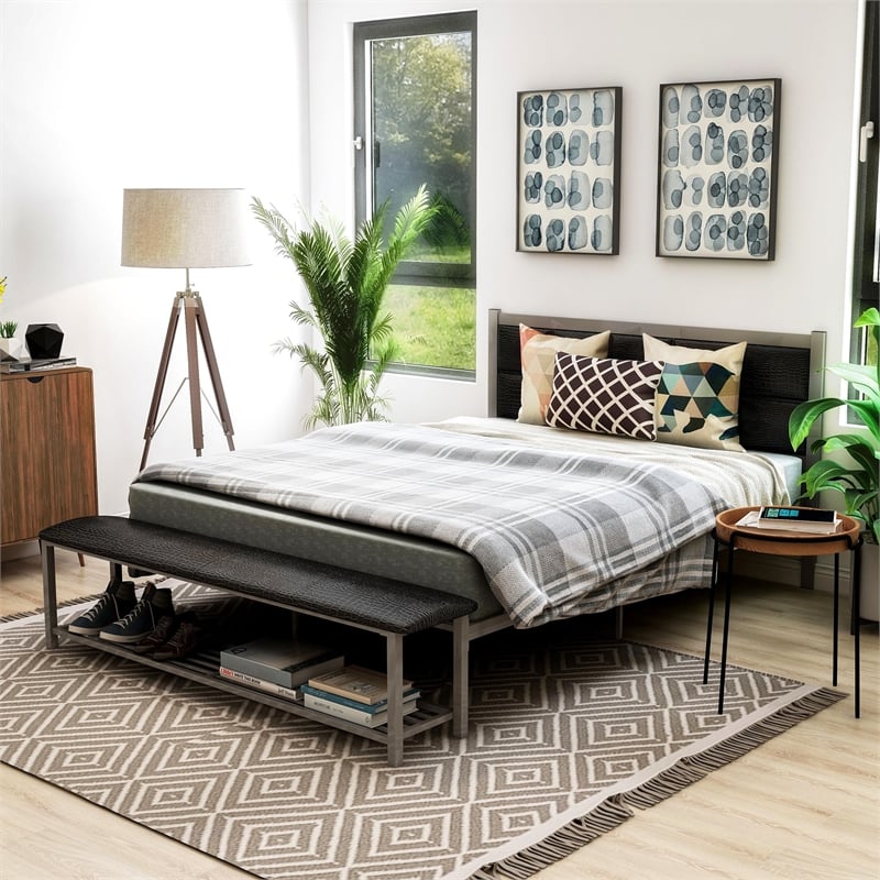 Furniture of America Kushner Industrial Metal Platform Bed with Bench in Black