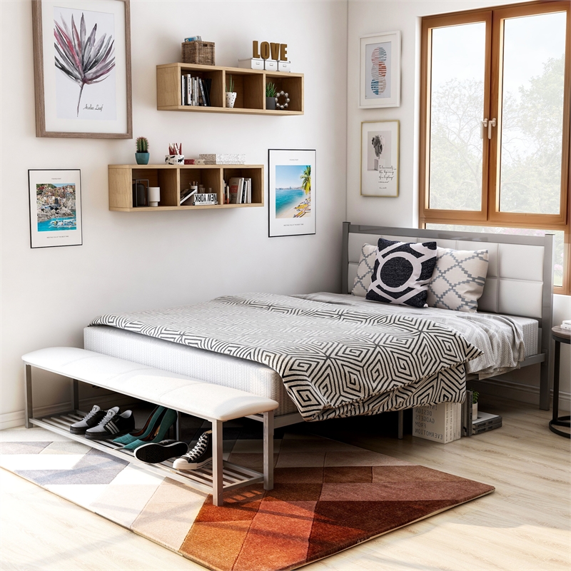 Furniture of America Kushner Industrial Metal Platform Bed with Bench in White