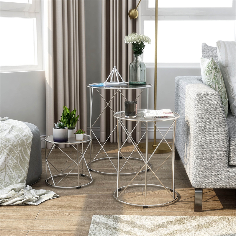 Furniture of America Nikova Glass Top 3-Piece Nesting Table Set in Silver