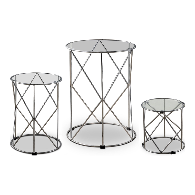 Furniture of America Nikova Glass Top 3-Piece Nesting Table Set in Silver