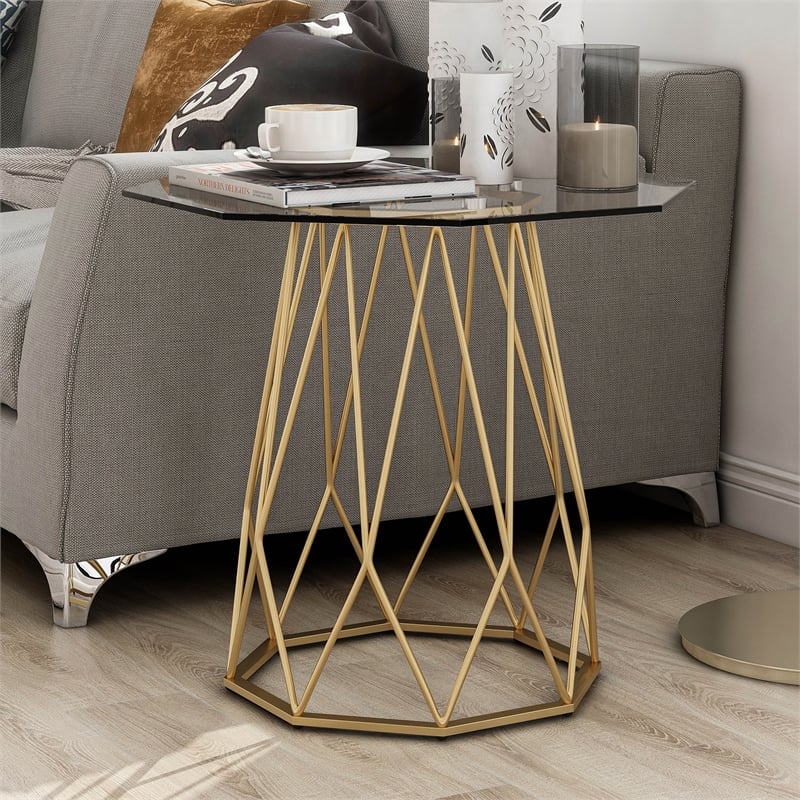 Furniture of America Growder Contemporary Glass Top End Table in Gold