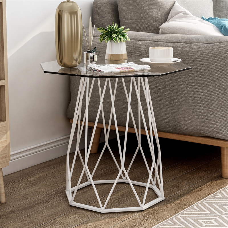 Furniture of America Growder Contemporary Glass Top End Table in White