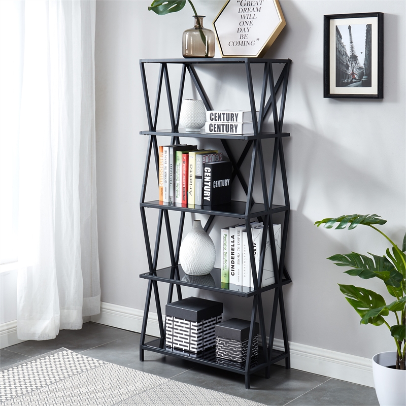 Furniture of America Vorsko Industrial Metal 5-Shelf Bookcase in Black