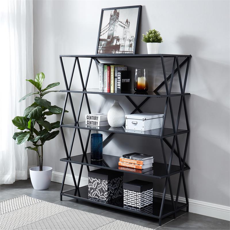 Furniture of America Vorsko Industrial Metal 5-Shelf Large Bookcase in Black