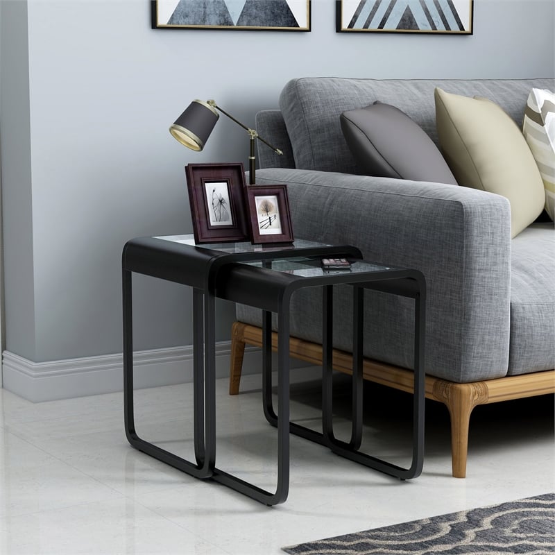 Furniture of America Shawton Glass Top 2-Piece Nesting Table Set in Black