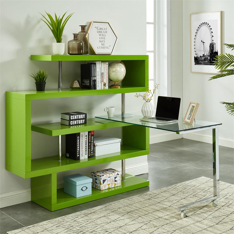 Furniture of America Creema Modern Wood 4-Shelf Bookcase Desk in Green