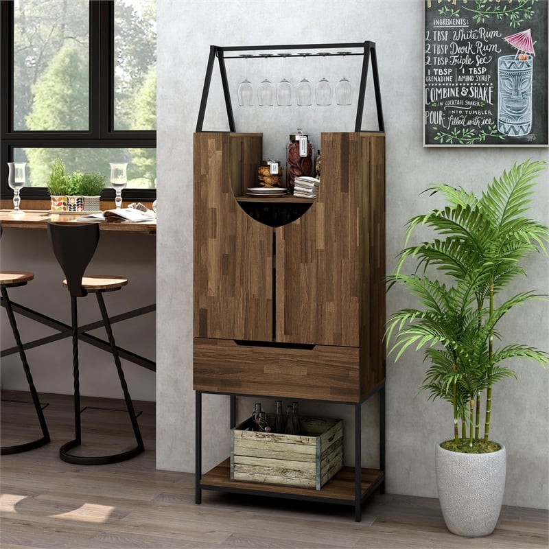 Furniture of America Robble Industrial Wood Wine Cabinet in Light Hickory Brown