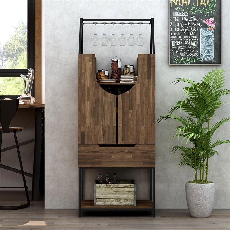 Furniture of America Robble Industrial Wood Wine Cabinet in Light Hickory Brown