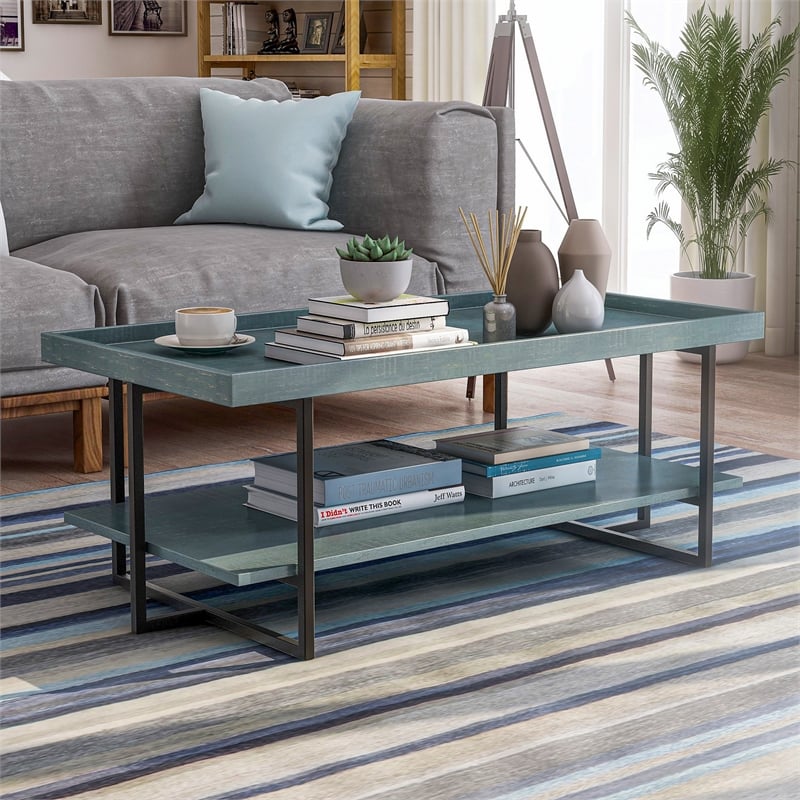 Furniture of America Humere Wood 1-Shelf Coffee Table in Antique Blue