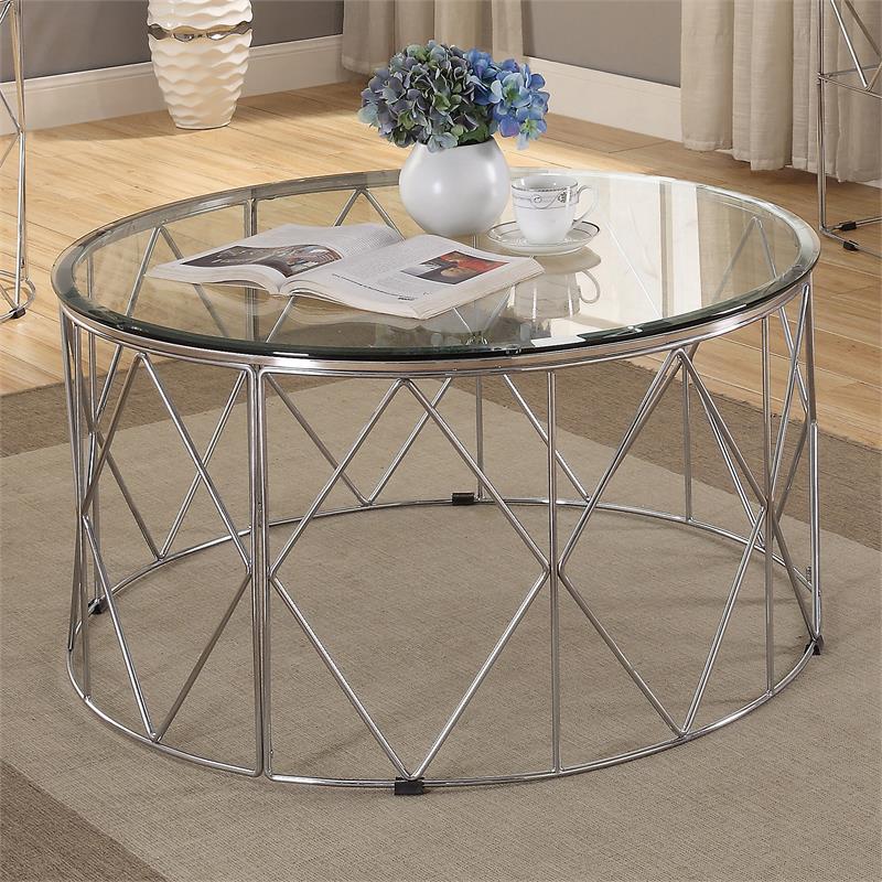 Furniture of America Fland Contemporary Glass Top Round Coffee Table in Chrome