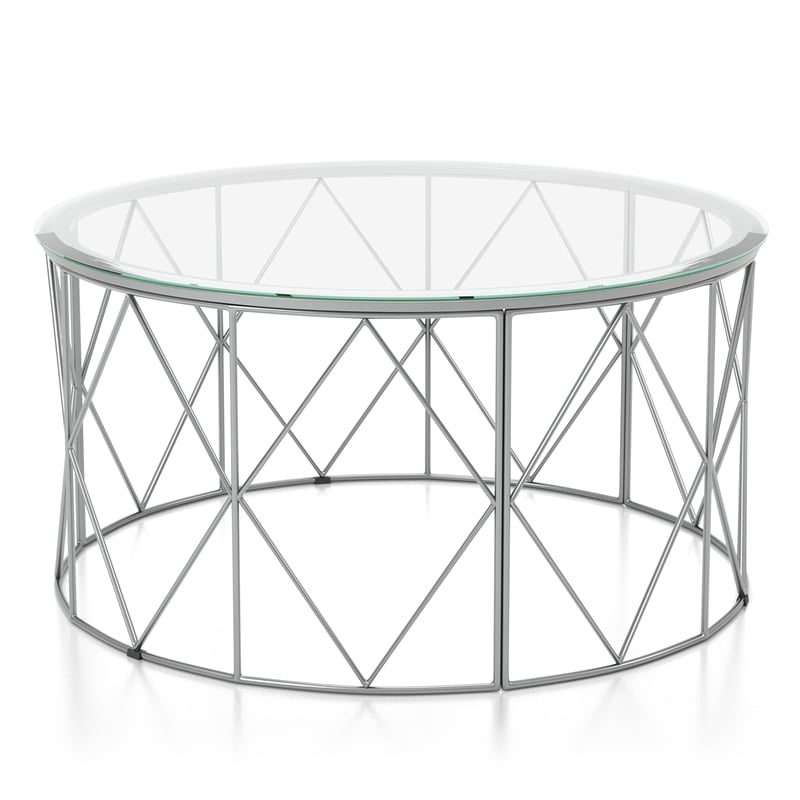 Furniture of America Fland Contemporary Glass Top Round Coffee Table in Chrome