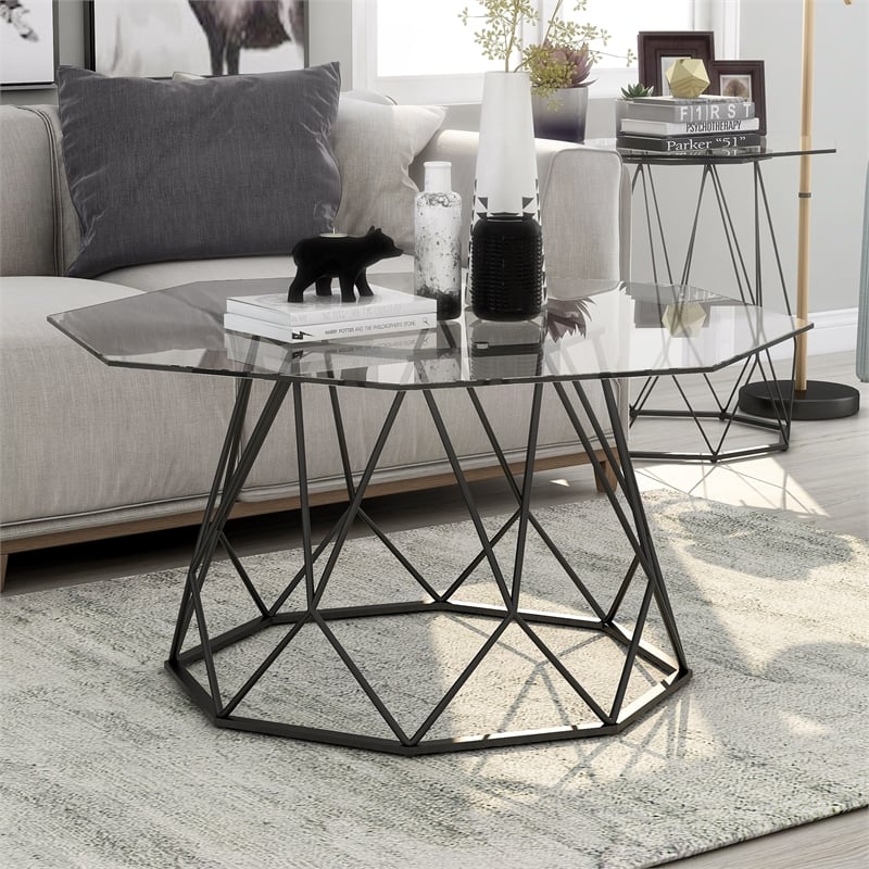 Furniture of America Growder Contemporary Glass Top Coffee Table in Sand Black