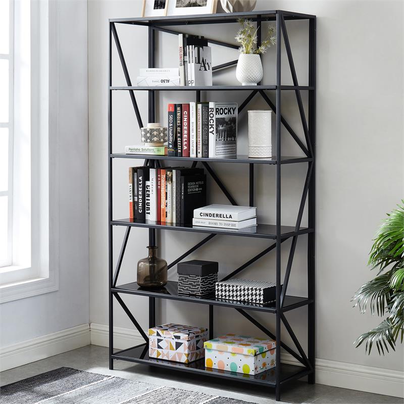 Furniture of America Qualt Industrial Metal 5-Shelf Bookcase in Black