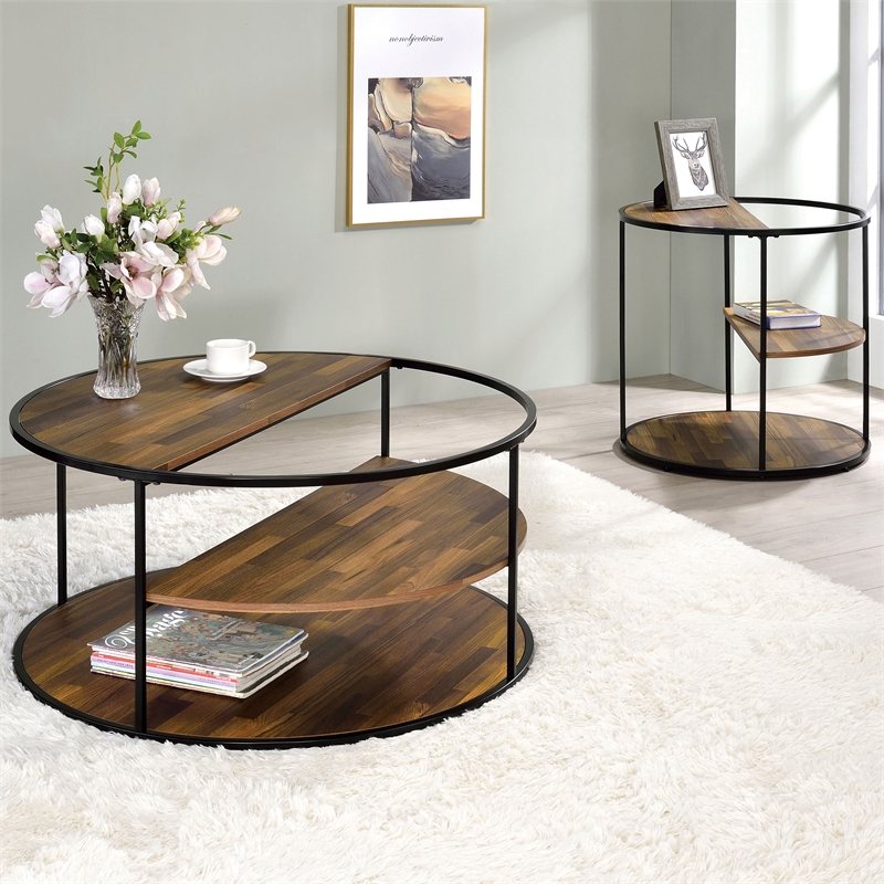 Furniture of America Marquesa Wood Round 2-Piece Coffee Table Set in Black